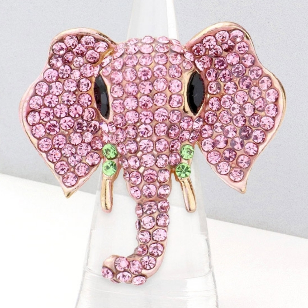 Pink & Green Crystal Elephant Stretch Fashion Ring Rhinestone Finger Adjustable